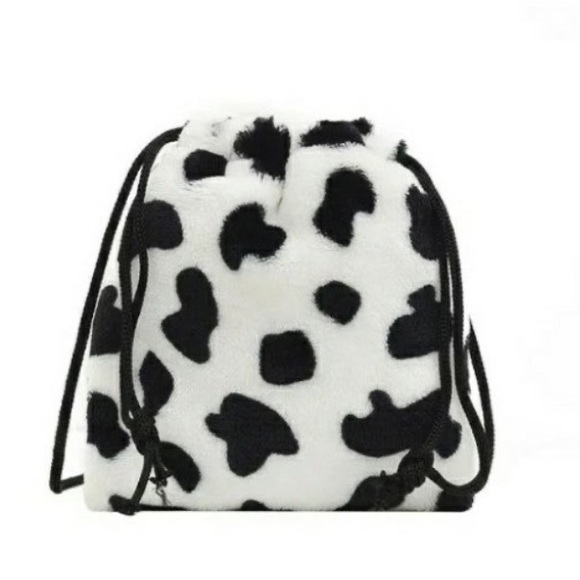 Cow Print Fluffy Drawstring Pouch - Picture 1 of 3